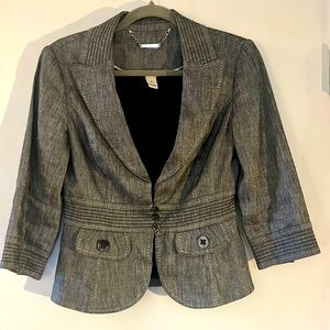 White House Black Market. WHBM. Gray linen blend, fitted blazer. Size 2.